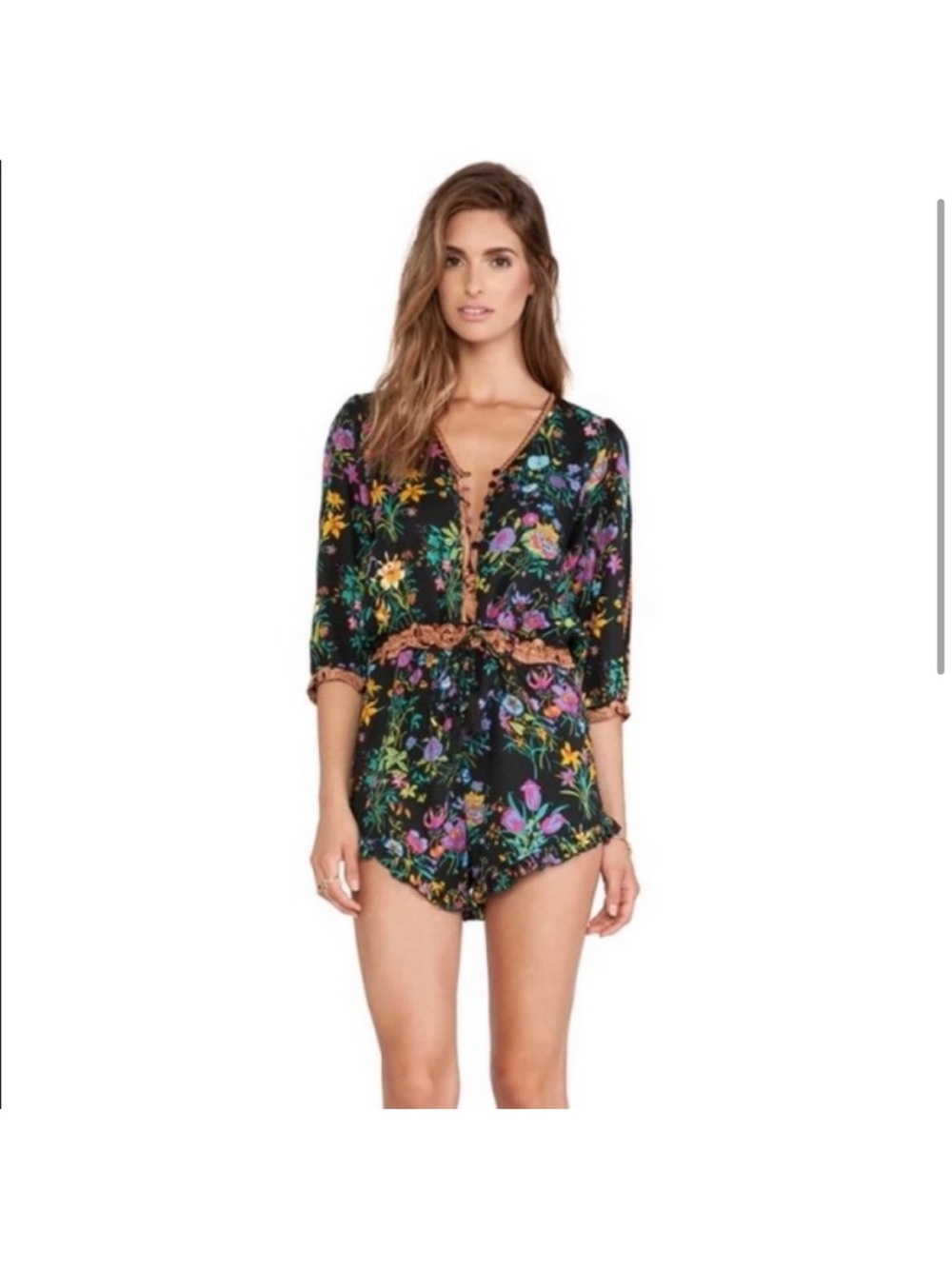 Spell Black Floral Lace-Trim Romper with Multicolor Blooms